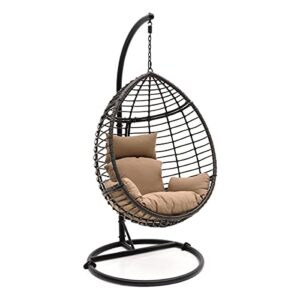 serenelife hanging egg indoor outdoor patio wicker rattan lounge chair with stand, steel frame, uv resistant washable cushions for garden backyard deck sunroom, black+brown