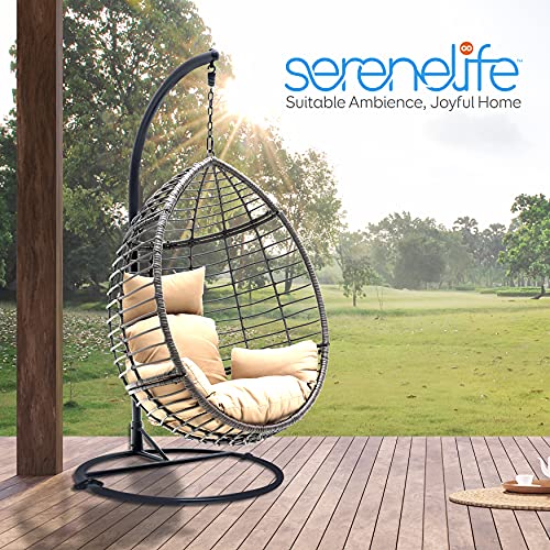 SereneLife Hanging Egg Indoor Outdoor Patio Wicker Rattan Lounge Chair with Stand, Steel Frame, UV Resistant Washable Cushions for Garden Backyard Deck Sunroom, Black+Brown