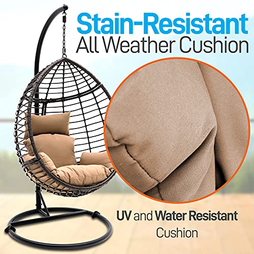 SereneLife Hanging Egg Indoor Outdoor Patio Wicker Rattan Lounge Chair with Stand, Steel Frame, UV Resistant Washable Cushions for Garden Backyard Deck Sunroom, Black+Brown