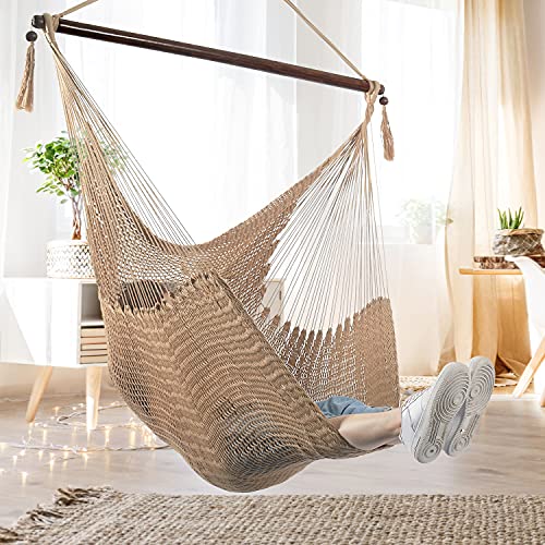 Bathonly Large Hammock Chair with Spreader Bar, Caribbean Hammock Swing Chair, XL Hammock Chair Outdoor Indoor, 330 LBS Weight Capacity, Light Brown