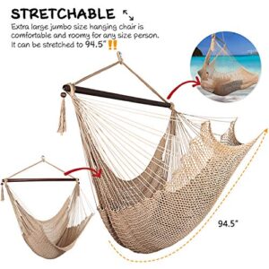 Bathonly Large Hammock Chair with Spreader Bar, Caribbean Hammock Swing Chair, XL Hammock Chair Outdoor Indoor, 330 LBS Weight Capacity, Light Brown