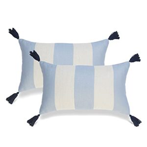 hofdeco beach coastal indoor outdoor pillow cover only, water resistant for patio lounge sofa, sky blue stripes tassels, 12″x20″, set of 2