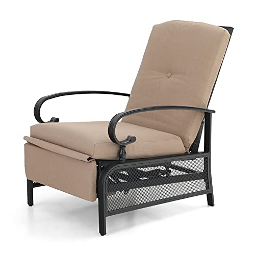 MFSTUDIO Patio Recliner Chair Metal Adjustable Back Outdoor Lounge Chair with 100% Olefin Cushion(Beige)