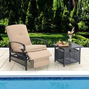 MFSTUDIO Patio Recliner Chair Metal Adjustable Back Outdoor Lounge Chair with 100% Olefin Cushion(Beige)