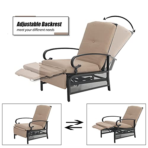 MFSTUDIO Patio Recliner Chair Metal Adjustable Back Outdoor Lounge Chair with 100% Olefin Cushion(Beige)