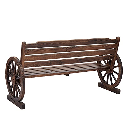 KINTNESS 2-Person Wooden Wagon Wheel Bench for Backyard Outdoor Lounge Furniture Slatted Seat and Backrest