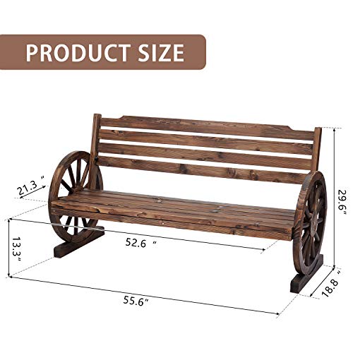 KINTNESS 2-Person Wooden Wagon Wheel Bench for Backyard Outdoor Lounge Furniture Slatted Seat and Backrest