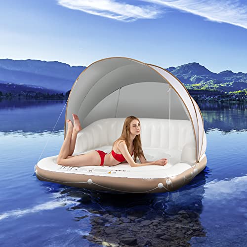 Giantex Canopy Island, Pool Float Canopy w/SPF50+ Retractable Detachable Sunshade, Canopy Float Adult w/2 Cup Holders High Backrest Armrest, 71" x 71" Canopy Island Inflatable Lounge, Load 440LBS