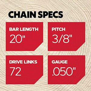 Oregon D72 Full Chisel Chainsaw Chain, 20-Inch, 3/8" Pitch, .050" Gauge, 72 Drive Links, low-kickback chain,Gray