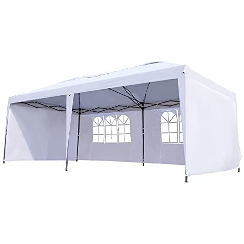 Outsunny 10' x 20' Heavy Duty Pop Up Canopy Party Tent with 4 Removable Sidewalls, Outdoor Cabana Gazebo with Carry Bag, Weather Protection, White