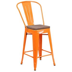 flash furniture lily 24″ high orange metal counter height stool with back and wood seat
