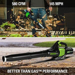 Greenworks Pro 80V (145 MPH / 580 CFM) Brushless Cordless Axial Leaf Blower, 2.5Ah Battery and Charger Included BL80L2510
