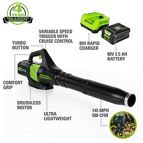 Greenworks Pro 80V (145 MPH / 580 CFM) Brushless Cordless Axial Leaf Blower, 2.5Ah Battery and Charger Included BL80L2510