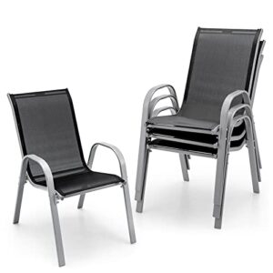 tangkula set of 4 stackable outdoor dining chairs, patio chairs with armrests and sturdy steel frame, outdoor armchairs for lawn, poolside and backyard (gray)