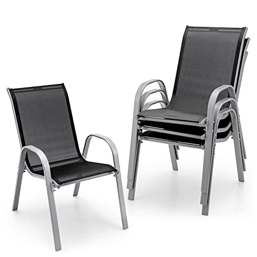 Tangkula Set of 4 Stackable Outdoor Dining Chairs, Patio Chairs with Armrests and Sturdy Steel Frame, Outdoor Armchairs for Lawn, Poolside and Backyard (Gray)