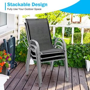 Tangkula Set of 4 Stackable Outdoor Dining Chairs, Patio Chairs with Armrests and Sturdy Steel Frame, Outdoor Armchairs for Lawn, Poolside and Backyard (Gray)