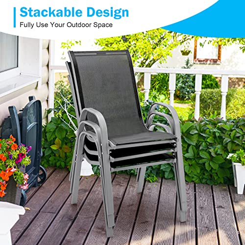 Tangkula Set of 4 Stackable Outdoor Dining Chairs, Patio Chairs with Armrests and Sturdy Steel Frame, Outdoor Armchairs for Lawn, Poolside and Backyard (Gray)