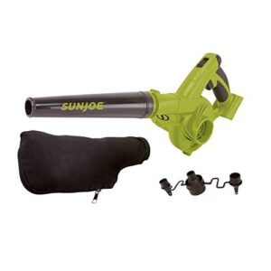 Sun Joe 24V-WSB-CT 185-MPH 105-CFM Max Cordless Rechargeable Multi-Purpose Workshop Blower w/20,000+ RPM, 2 x Dust Bags, and Trigger Lock-On to Reduce Fatigue, Green/Black