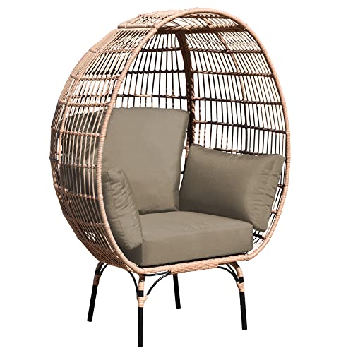 OTSUN Wicker Egg Chair, Oversized Indoor Outdoor Lounger for Patio, Backyard, Living Room with 4 Cushions, Steel Frame, Khaki