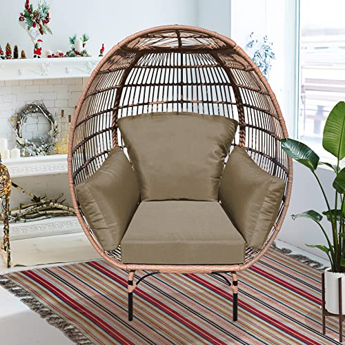 OTSUN Wicker Egg Chair, Oversized Indoor Outdoor Lounger for Patio, Backyard, Living Room with 4 Cushions, Steel Frame, Khaki