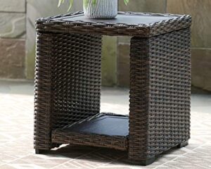 signature design by ashley grasson lane outdoor rattan square end table with storage, brown
