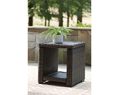 Signature Design by Ashley Grasson Lane Outdoor Rattan Square End Table with Storage, Brown