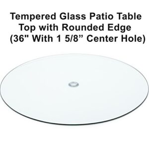 Audio-Visual Direct Tempered Glass Patio Table Top with Rounded Edge (36" with 1 5/8" Center Hole) Includes Free Umbrella Hole Ring and Cup Set