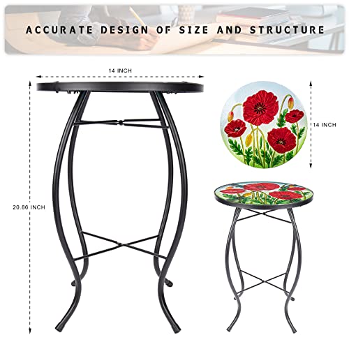 MUMTOP Outdoor Side Table - Small Mosaic Patio Table, Poppy 14” Accent Round Side Table Glass Plant Stand for Garden Patio Living Room