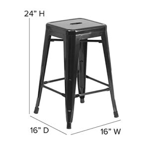 BizChair Commercial Grade 24" High Backless Black Metal Indoor-Outdoor Counter Height Stool with Teak Poly Resin Wood Seat