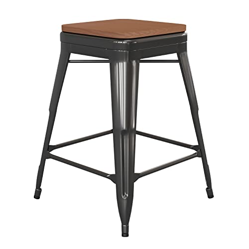 BizChair Commercial Grade 24" High Backless Black Metal Indoor-Outdoor Counter Height Stool with Teak Poly Resin Wood Seat