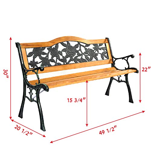 50'' Patio Park Garden Bench, Weather Proof Porch Path Chair, 470BLS Bearing Capacity Outdoor Furniture with Wood Frame, Rugged Durable Cast Iron Structure