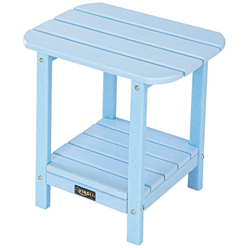 VINGLI Outdoor Side Table with 2 Layer Storage, Plastic Waterproof and UV Resistant HDPE Adirondack Coffee End Tables, All Weather for Patio, Backyard, Pool, Indoor Use (Blue)