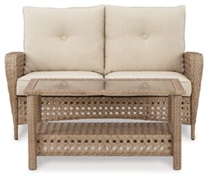 signature design by ashley braylee outdoor 2 piece patio driftwood resin wicker cushioned loveseat and table, rustic