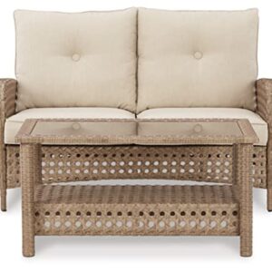 Signature Design by Ashley Braylee Outdoor 2 Piece Patio Driftwood Resin Wicker Cushioned Loveseat and Table, Rustic