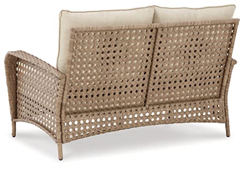 Signature Design by Ashley Braylee Outdoor 2 Piece Patio Driftwood Resin Wicker Cushioned Loveseat and Table, Rustic