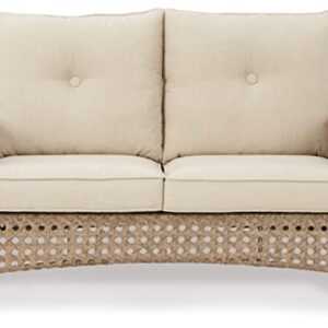 Signature Design by Ashley Braylee Outdoor 2 Piece Patio Driftwood Resin Wicker Cushioned Loveseat and Table, Rustic