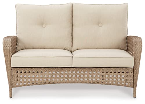 Signature Design by Ashley Braylee Outdoor 2 Piece Patio Driftwood Resin Wicker Cushioned Loveseat and Table, Rustic