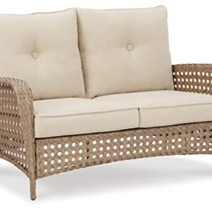 Signature Design by Ashley Braylee Outdoor 2 Piece Patio Driftwood Resin Wicker Cushioned Loveseat and Table, Rustic