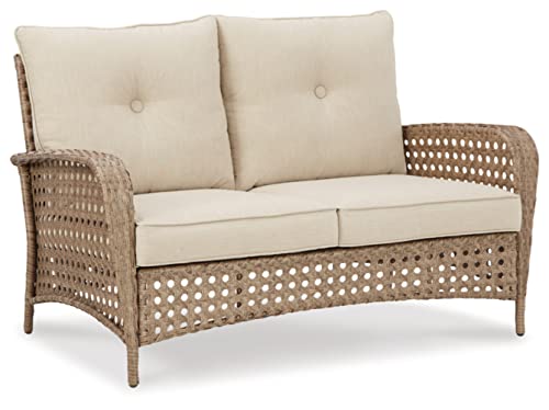 Signature Design by Ashley Braylee Outdoor 2 Piece Patio Driftwood Resin Wicker Cushioned Loveseat and Table, Rustic