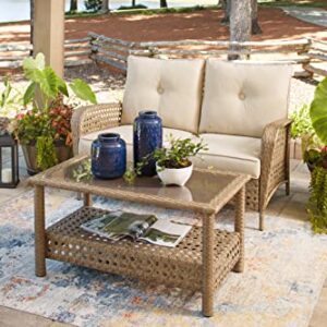 Signature Design by Ashley Braylee Outdoor 2 Piece Patio Driftwood Resin Wicker Cushioned Loveseat and Table, Rustic