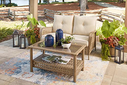 Signature Design by Ashley Braylee Outdoor 2 Piece Patio Driftwood Resin Wicker Cushioned Loveseat and Table, Rustic