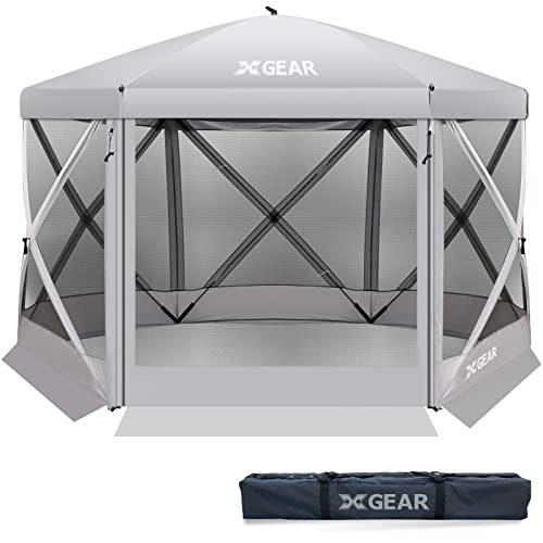 XGEAR 6 Sided Pop Up Camping Gazebo 11.5’x11.5’ Instant Canopy Tent Sun Shelter Screen House with Mosquito Netting, for Patio, Backyard, Outdoor,Grey