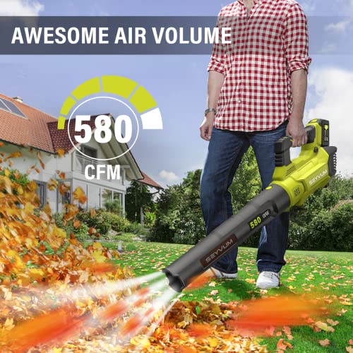 SEYVUM Leaf Blower - 580CFM 20V MAX Leaf Blower Cordless with 2 X 3.0 Battery & Charger, 3-Speed Dial Electric Handheld Leaf Blower, Lightweight Powerful Blower Battery Operated for Lawn Care, Jobsite