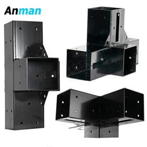 Anman 4-Way 90° Corner Wood Brackets with Screws for 4x4 (Actual: 3.5x3.5 Inch), Alloy Steel Beams/Pergola/Gazebo Kit (4-Way Corne Brackets (2 PCS))