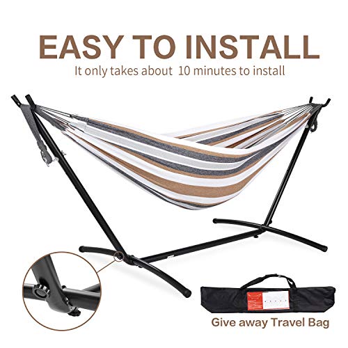 PNAEUT Double Hammock with Space Saving Steel Stand Included 2 Person Heavy Duty Outside Garden Yard Outdoor 450lb Capacity 2 People Standing Hammocks and Portable Carrying Bag (Coffee)