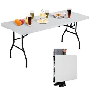 Dkelincs 6 Foot Folding Table with Sturdy Handle, Heavy Duty Centerfold Portable Table, Lightweight Indoor Outdoor Plastic Table for Picnic, Party, Camping - White
