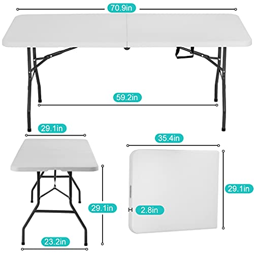 Dkelincs 6 Foot Folding Table with Sturdy Handle, Heavy Duty Centerfold Portable Table, Lightweight Indoor Outdoor Plastic Table for Picnic, Party, Camping - White