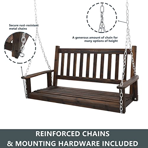 VEIKOU Porch Swing Outdoor, 4ft Wooden Bench Swing 2-Seater, Heavy Duty 550 Lbs Porch Swings with Armrests, Hanging Front Porch Swing Chair for Yard Patio Garden, Rustic