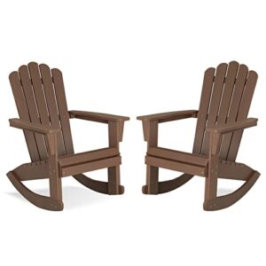 psilvam adirondack patio rocking chair, poly lumber porch rocker with high back, 350lbs support rocking chairs for both outdoor and indoor, poly rocker chair looks like real wood set of 2（brown）