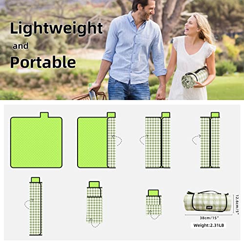 ZAZE Extra Large Picnic Outdoor Blanket, 80''x80'' Waterproof Foldable Blankets Gingham Picnic Mat for Beach, Camping on Grass Picnic Blankets (Green and White)